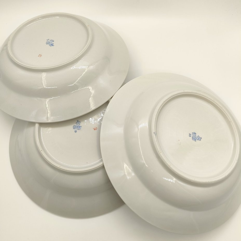 Набор из 3-х суповых тарелок, фарфор, золочение, Дулевский фарфоровый завод (Дулёво), СССР, 1960 г.