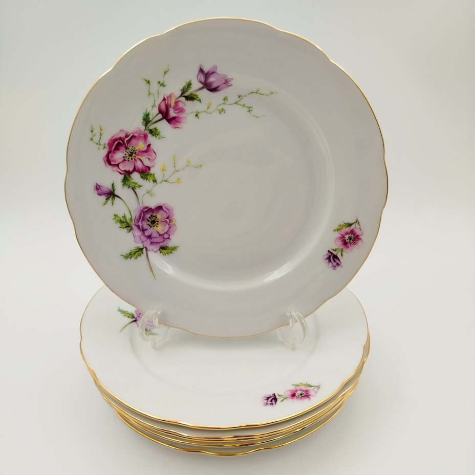 Набор из 6-ти десертных  тарелок с цветочным декором, "Gebrüder Benedikt", фарфор, деколь, золочение, Чехословакия, 1960-1990 гг.