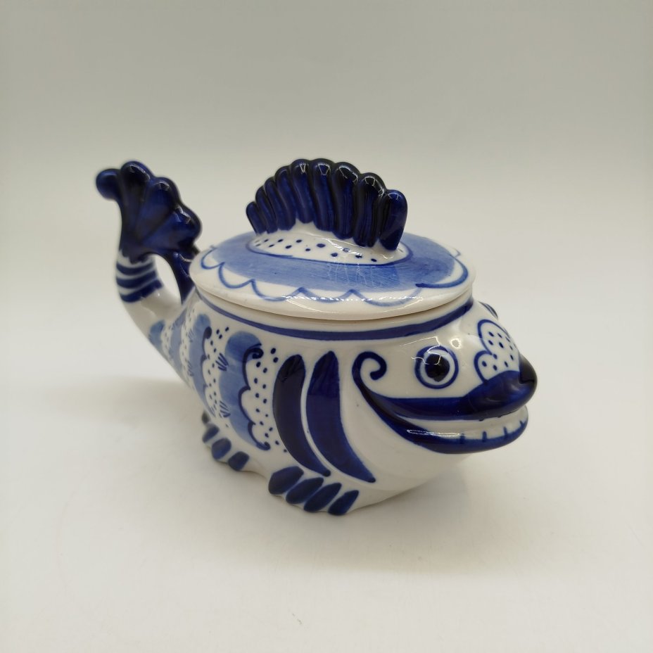 Икорница "Рыба-кит", фарфор, роспись, Объединение «Гжель», СССР, 1972-1985 гг.