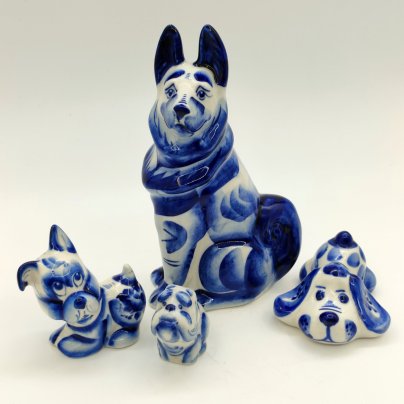 Набор из 4-х статуэток "Собаки", Гжель, фарфор, роспись, Россия, 1990-2015 гг.