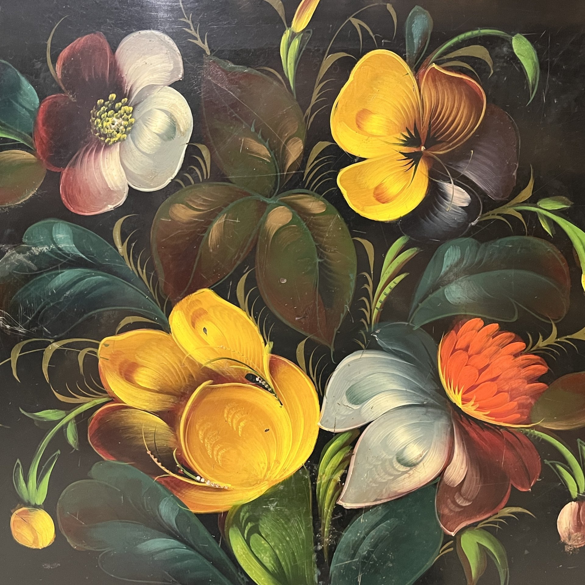 Поднос прямоугольной формы с цветочным декором, металл, лак, роспись, золочение, Жостовская фабрика декоративной росписи, СССР, 1970-1990 гг.