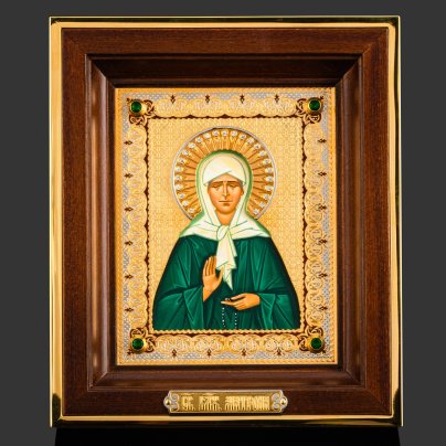 Икона "Святая Матрона Московская", латунь, золочение, никелирование, серебрение, чернение; левкас, темпера, латунь, зеленый кварц; в подарочном футляре из дерева с шелковым ложементом, Российская Федерация, 2024 г.