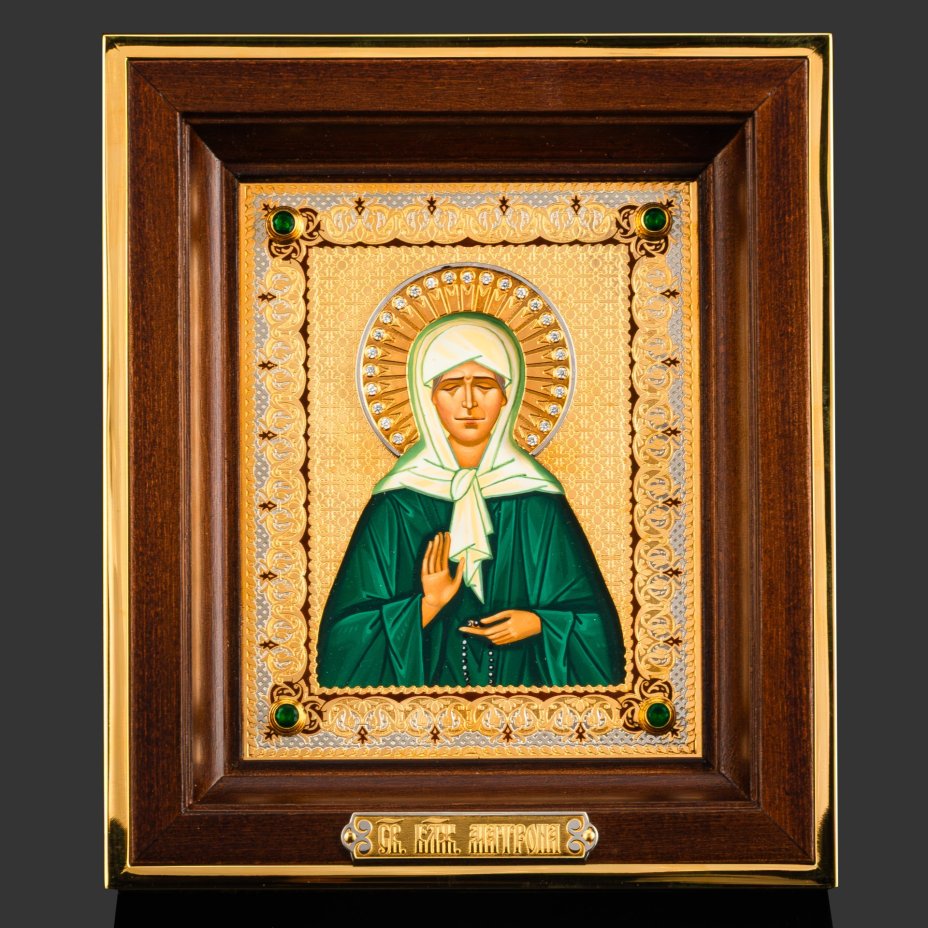 Икона "Святая Матрона Московская", латунь, золочение, никелирование, серебрение, чернение; левкас, темпера, латунь, зеленый кварц; в подарочном футляре из дерева с шелковым ложементом, Российская Федерация, 2024 г.