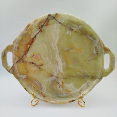 Поднос кофейный круглой формы зеленовато-коричневого цвета, оникс, резьба, Азия, 2000-2015 гг.