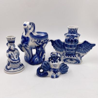 Набор из 4-х подсвечников "Животные", Гжель, фарфор, роспись, Россия, 1990-2010 гг.