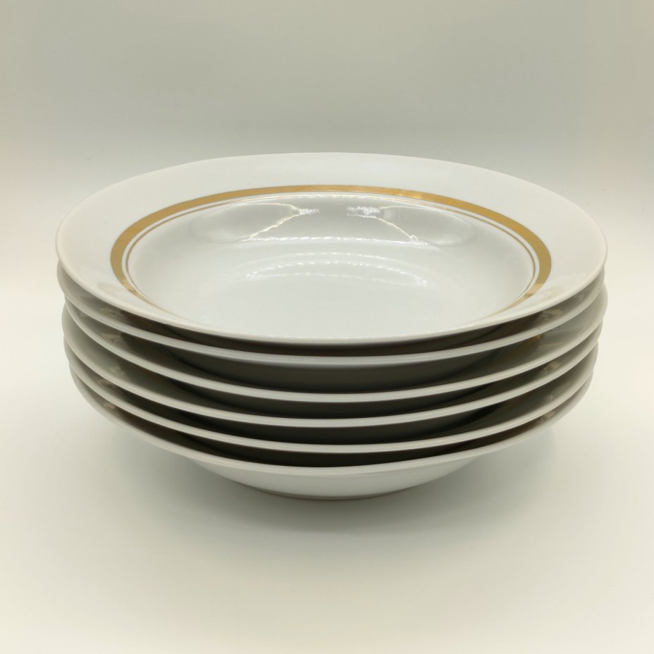 Набор из 6-ти суповых тарелок, фарфор, золочение, Дулевский фарфоровый завод (Дулёво), СССР, 1968-1991 гг.