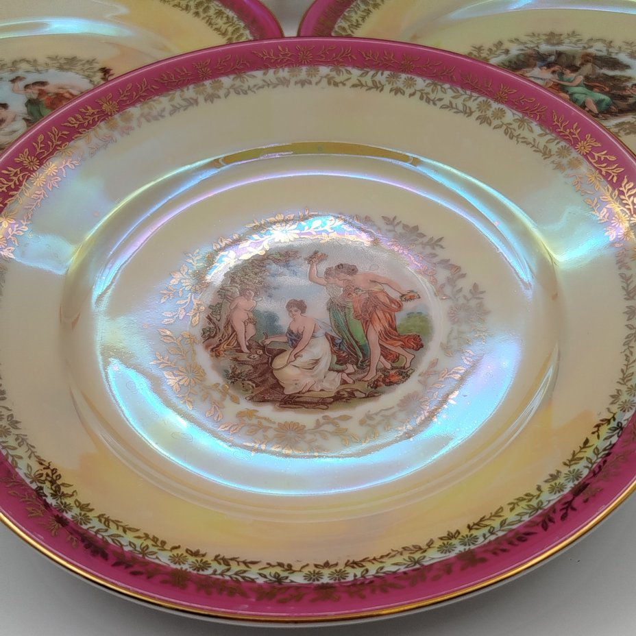 Набор десертных тарелок из сервиза "Мадонна" на 6 персон, фарфор, деколь, люстр, золочение, Fortuna Eisenberg, Германия, 1960-1973 гг.