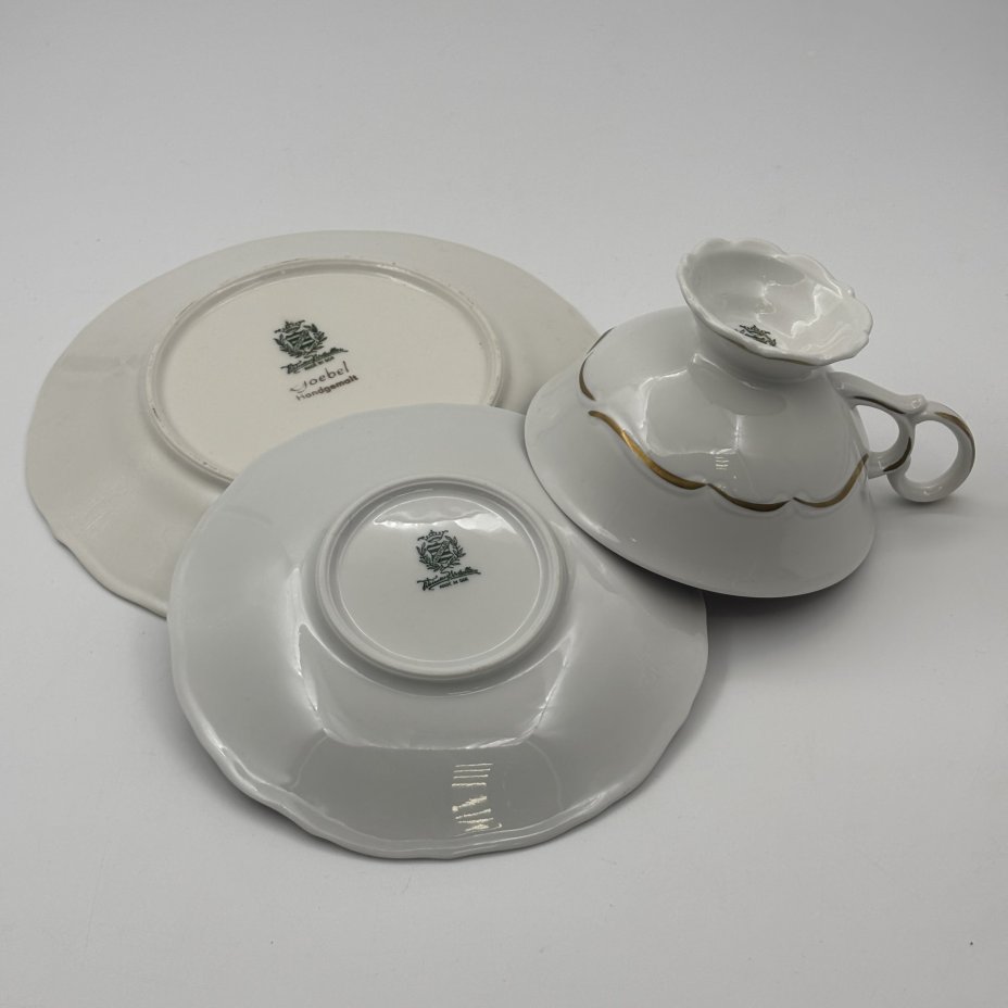 Трио чайное с цветочным декором пурпурного оттенка, фарфор, роспись, золочение, Weimar Porzellan (Веймарский фарфор), ГДР, 1949-1980 гг.