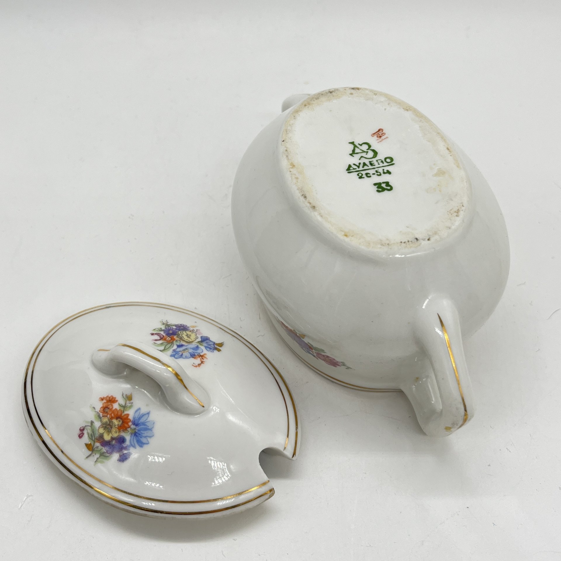Горчичница (соусник) с цветочным декором, фарфор, деколь, золочение, Дулевский фарфоровый завод (Дулёво), СССР, 1954 г., Дулевский фарфоровый завод (Дулёво)