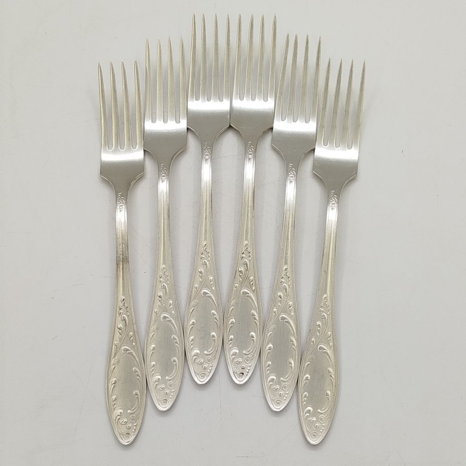 Набор столовых вилок на 6 персон "Пламя", мНЦ (медь-никель-цинк), Кольчугинский завод цветных металлов, СССР, 1960-1990 гг.