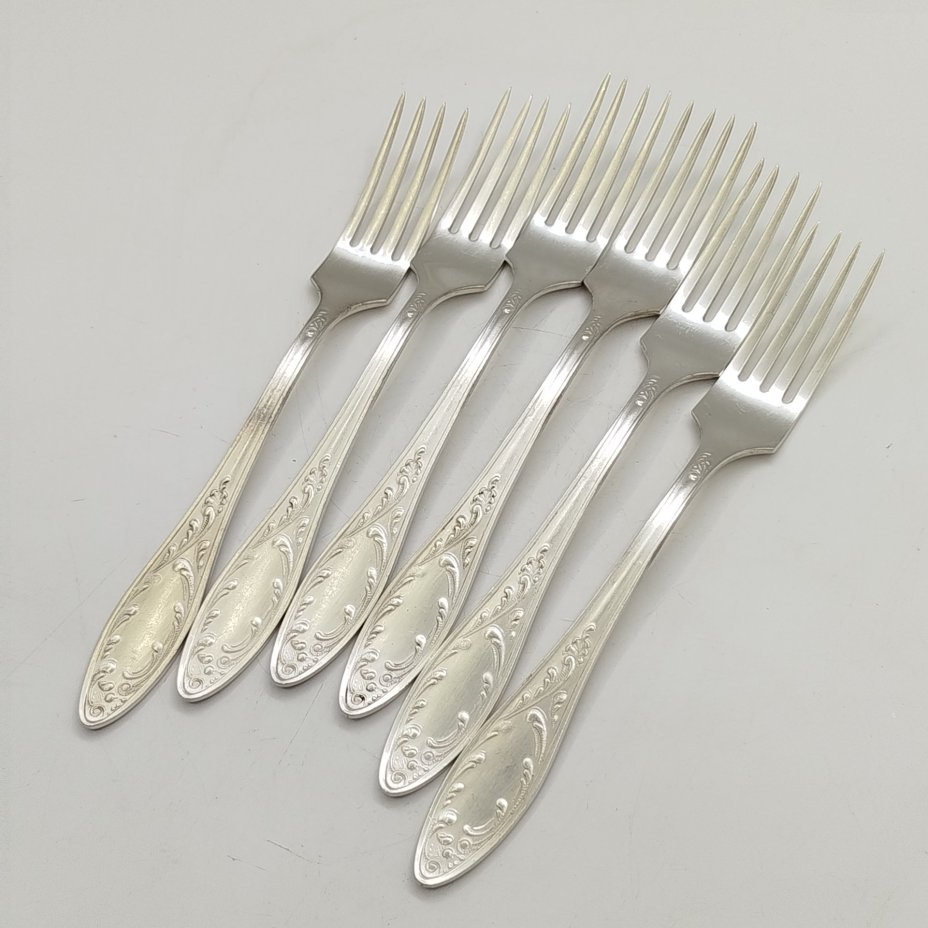 Набор столовых вилок на 6 персон "Пламя", мНЦ (медь-никель-цинк), Кольчугинский завод цветных металлов, СССР, 1960-1990 гг.