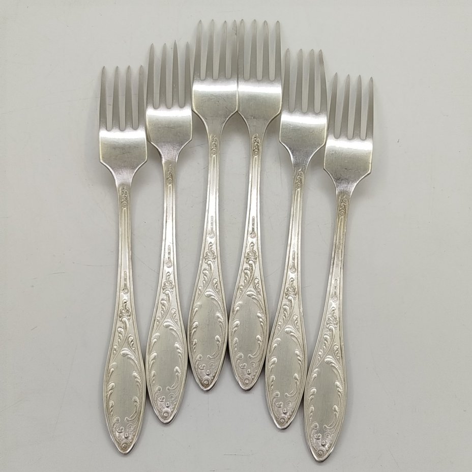 Набор столовых вилок на 6 персон "Пламя", мНЦ (медь-никель-цинк), Кольчугинский завод цветных металлов, СССР, 1960-1990 гг.