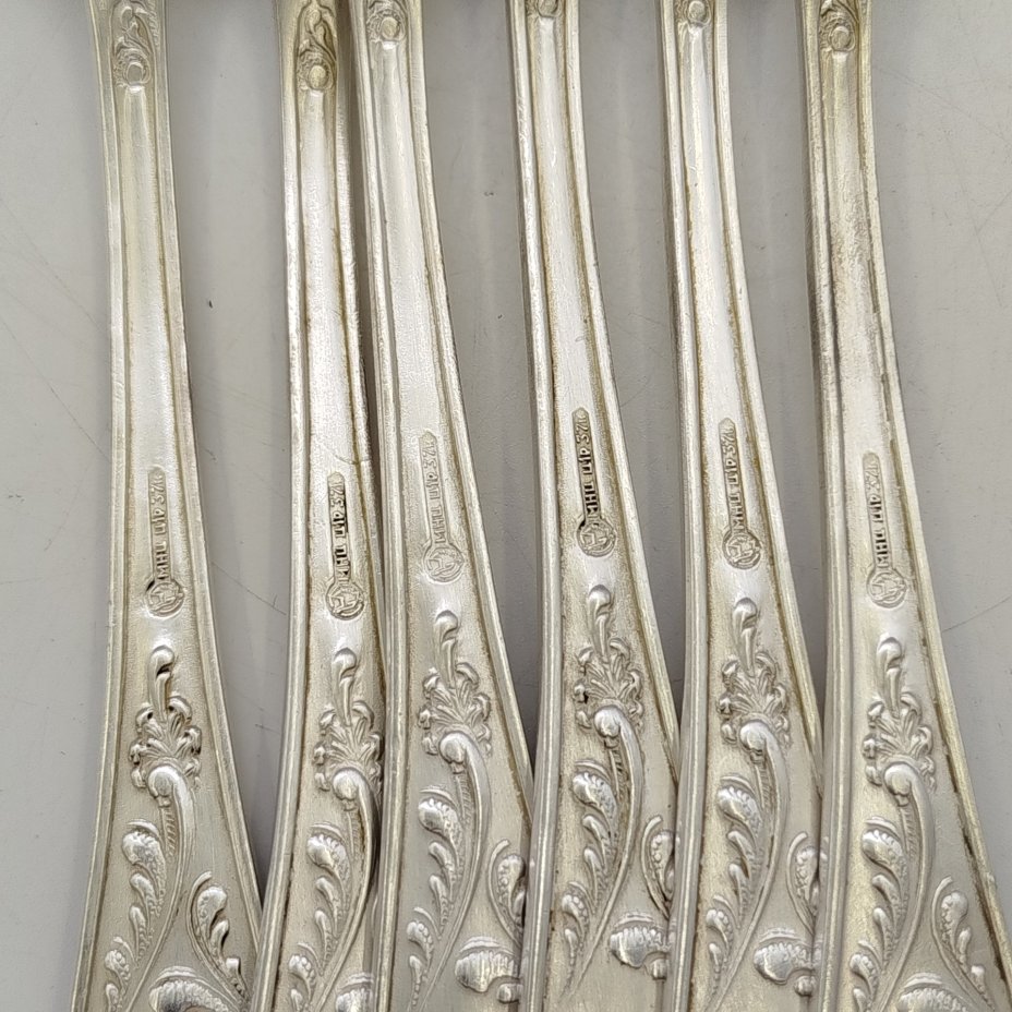 Набор столовых вилок на 6 персон "Пламя", мНЦ (медь-никель-цинк), Кольчугинский завод цветных металлов, СССР, 1960-1990 гг.