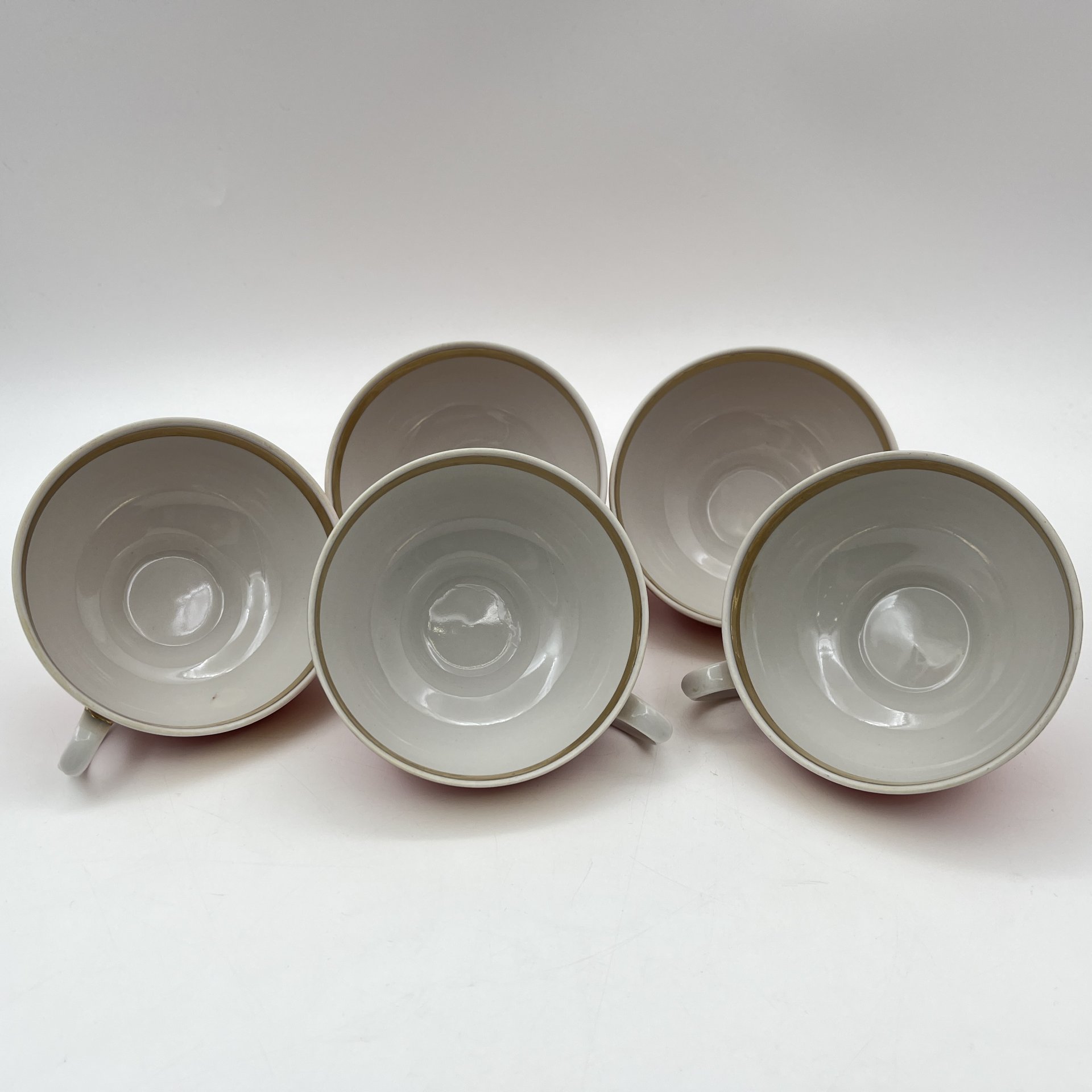 Набор чайных трио ярко оранжевого цвета на 5 персон, форма "Рубин", фарфор, крытье, золочение, Дулевский фарфоровый завод (Дулёво), СССР, 1968-1991 гг.