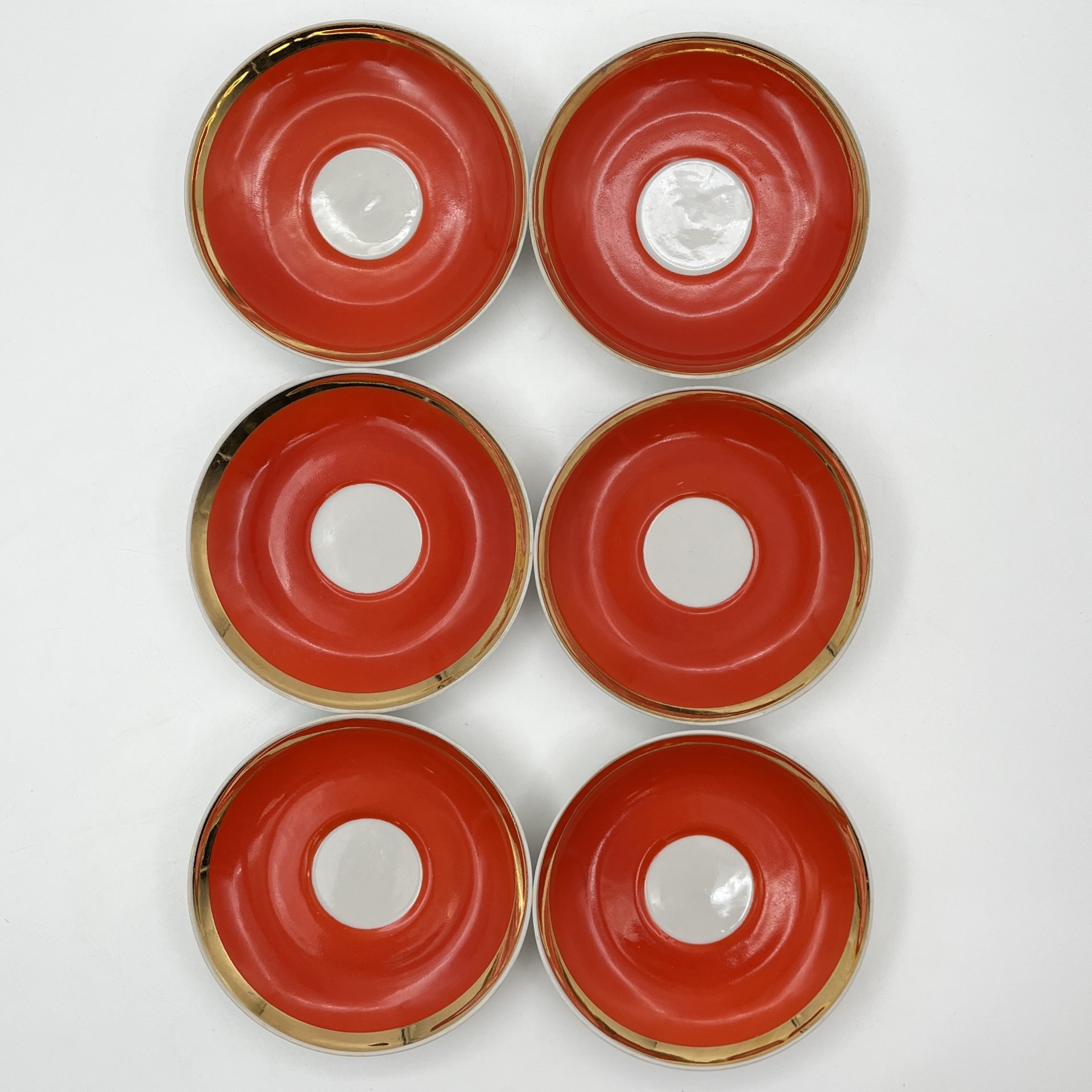 Набор чайных трио ярко оранжевого цвета на 5 персон, форма "Рубин", фарфор, крытье, золочение, Дулевский фарфоровый завод (Дулёво), СССР, 1968-1991 гг.