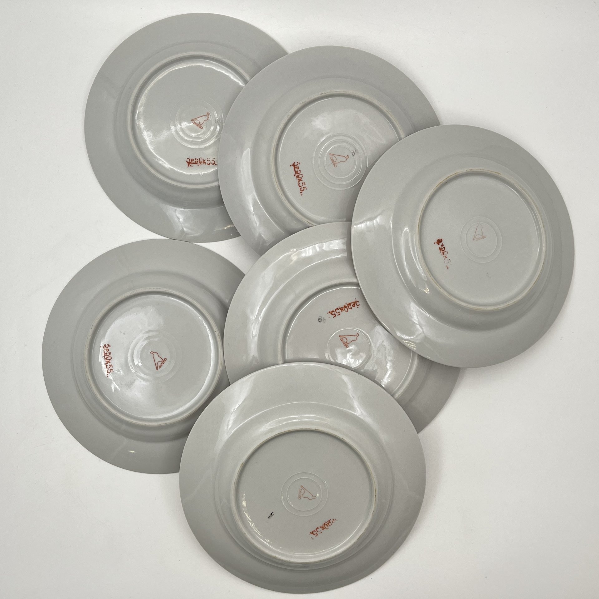 Набор чайных трио ярко оранжевого цвета на 5 персон, форма "Рубин", фарфор, крытье, золочение, Дулевский фарфоровый завод (Дулёво), СССР, 1968-1991 гг.