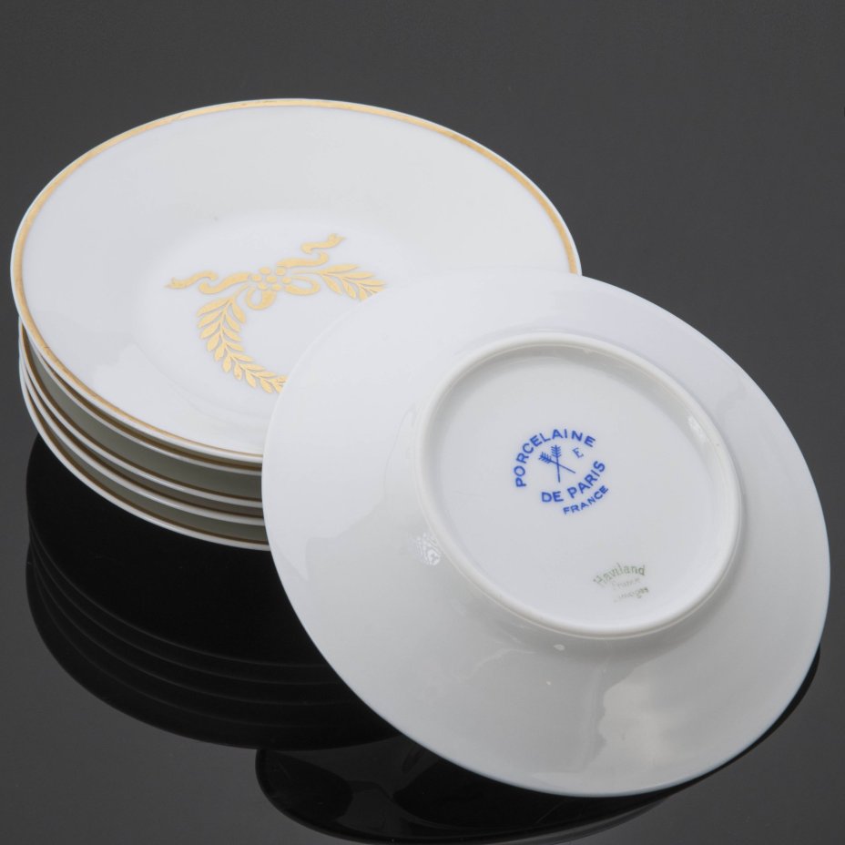 Набор из 6 блюдец с декором в виде лаврового венка, Porcelaine de Paris
