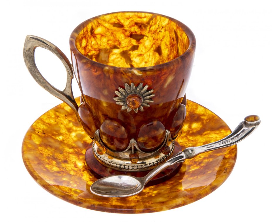 Пара кофейная "Солнышко", янтарь, серебро 875 пр., бронза, Россия, 2000-2015 гг.