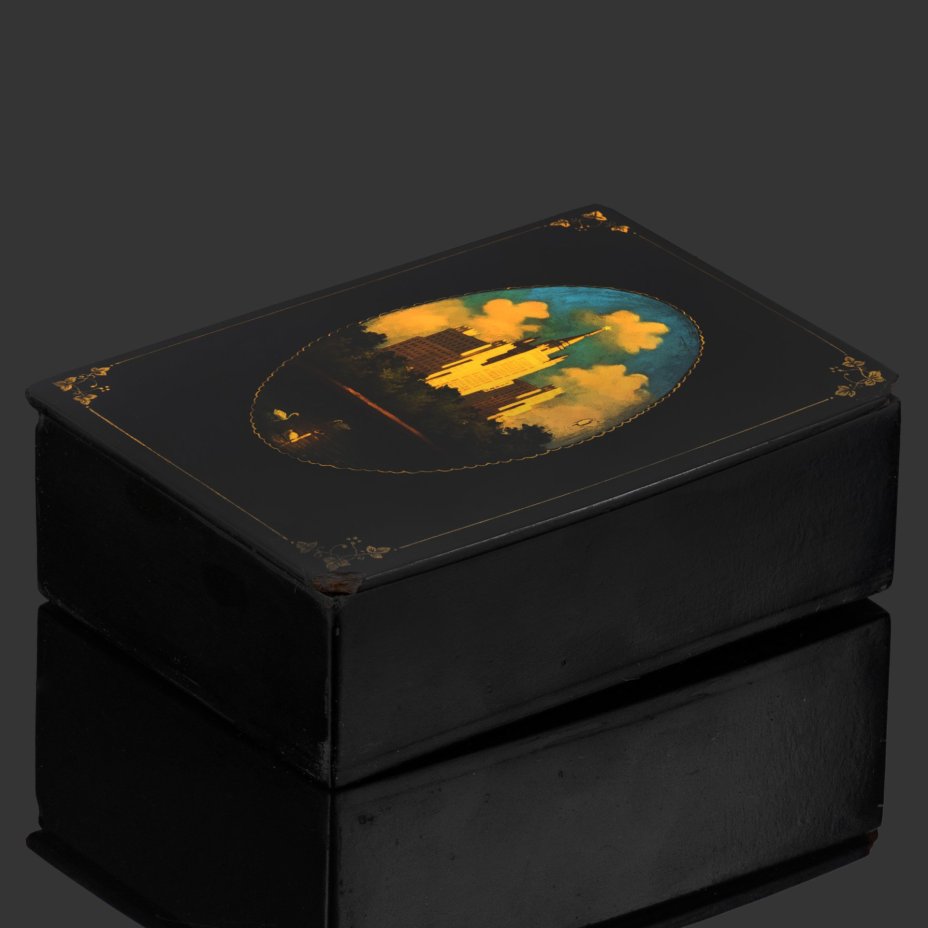 Шкатулка "Высотка на Кудринской площади", автор Ю. Карлов, папье-маше, роспись, лак, Федоскинская фабрика миниатюрной живописи (Федоскино), СССР, 1959 г.