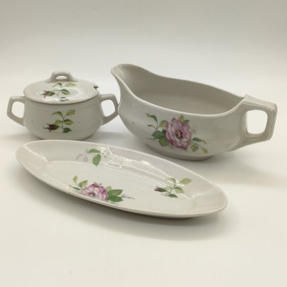 Набор из 3-х предметов с цветочным декором (сахарница, соусник, селёдочница), фарфор, деколь, Дулевский фарфоровый завод (Дулёво), СССР, 1960 г.