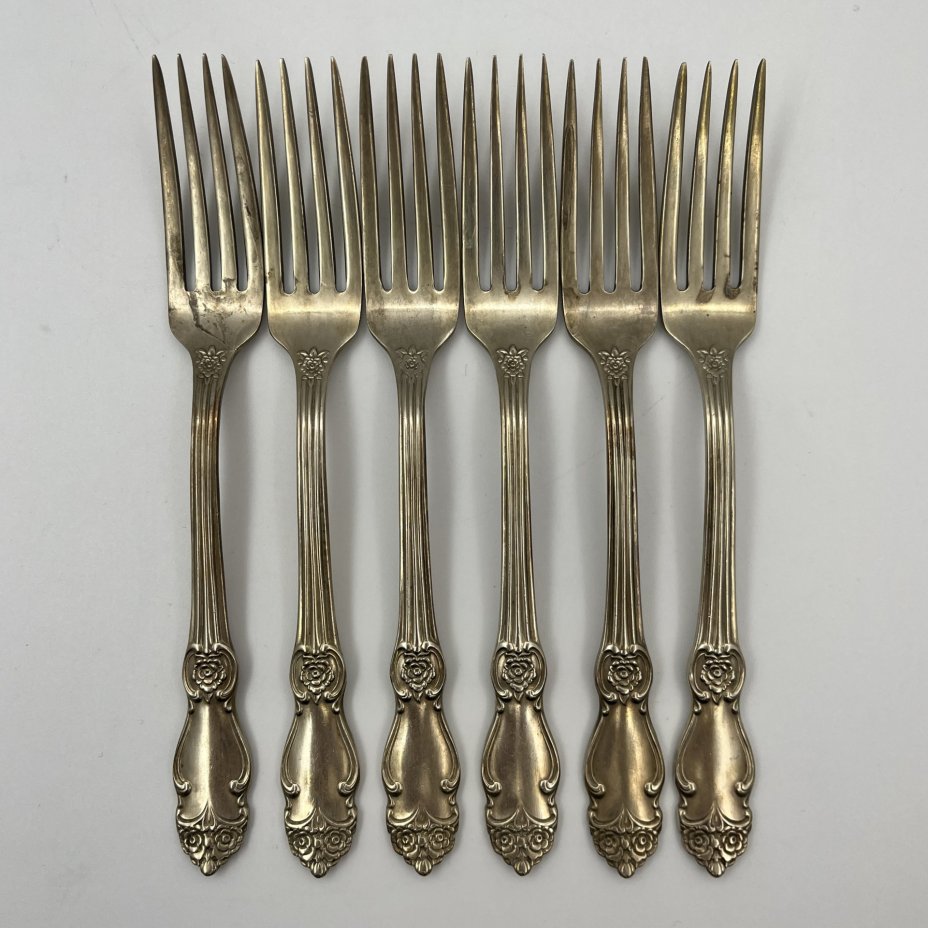 Набор столовых вилок "Серебряная роза" на 6 персон, мНЦ (медь-никель-цинк), серебрение, Кольчугинский завод цветных металлов, СССР, 1962-1990 гг.