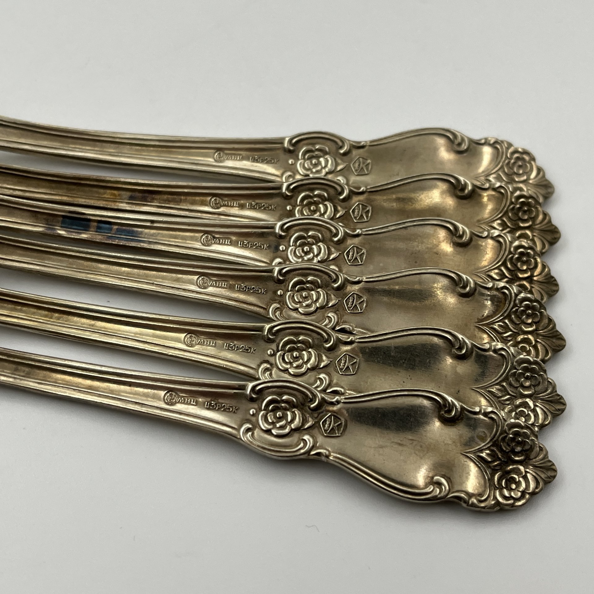 Набор столовых вилок "Серебряная роза" на 6 персон, мНЦ (медь-никель-цинк), серебрение, Кольчугинский завод цветных металлов, СССР, 1962-1990 гг.