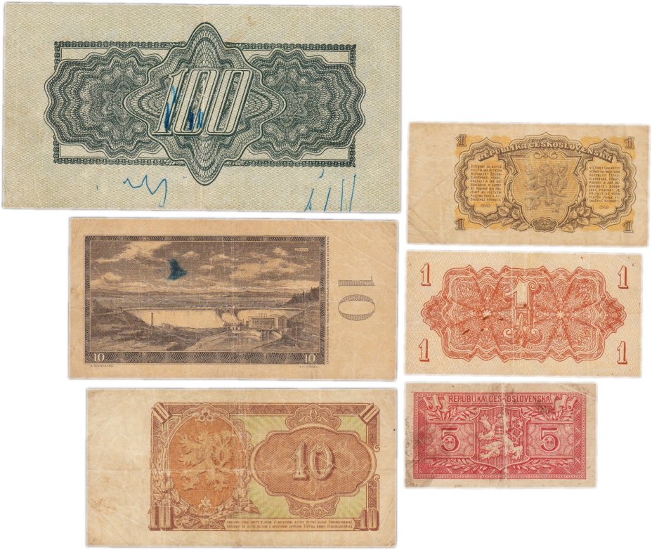 Набор банкнот Чехословакия 1, 5, 10  и 100 крон 1949-1960 гг. (6 бон)