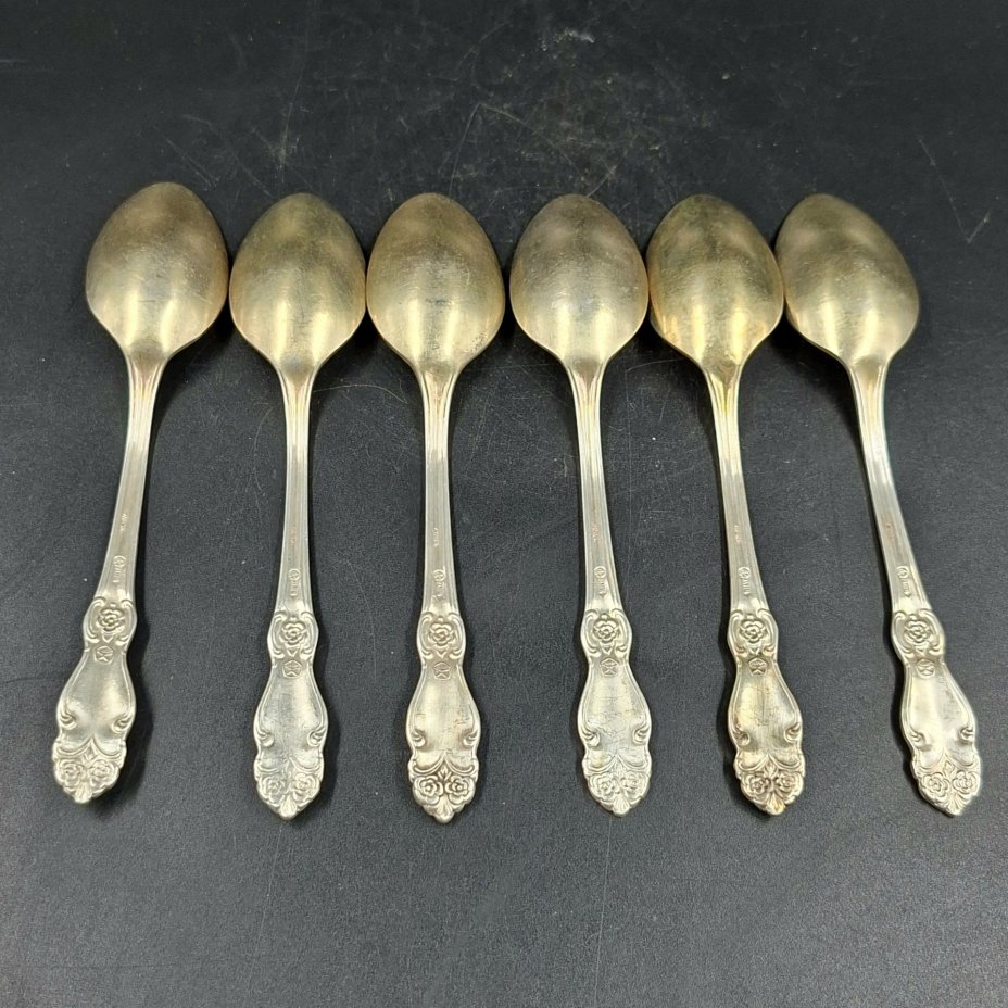 Набор из шести чайных ложек "Серебряная роза", мНЦ (медь-никель-цинк), Кольчугинский завод цветных металлов, СССР, 1970-1990 гг.