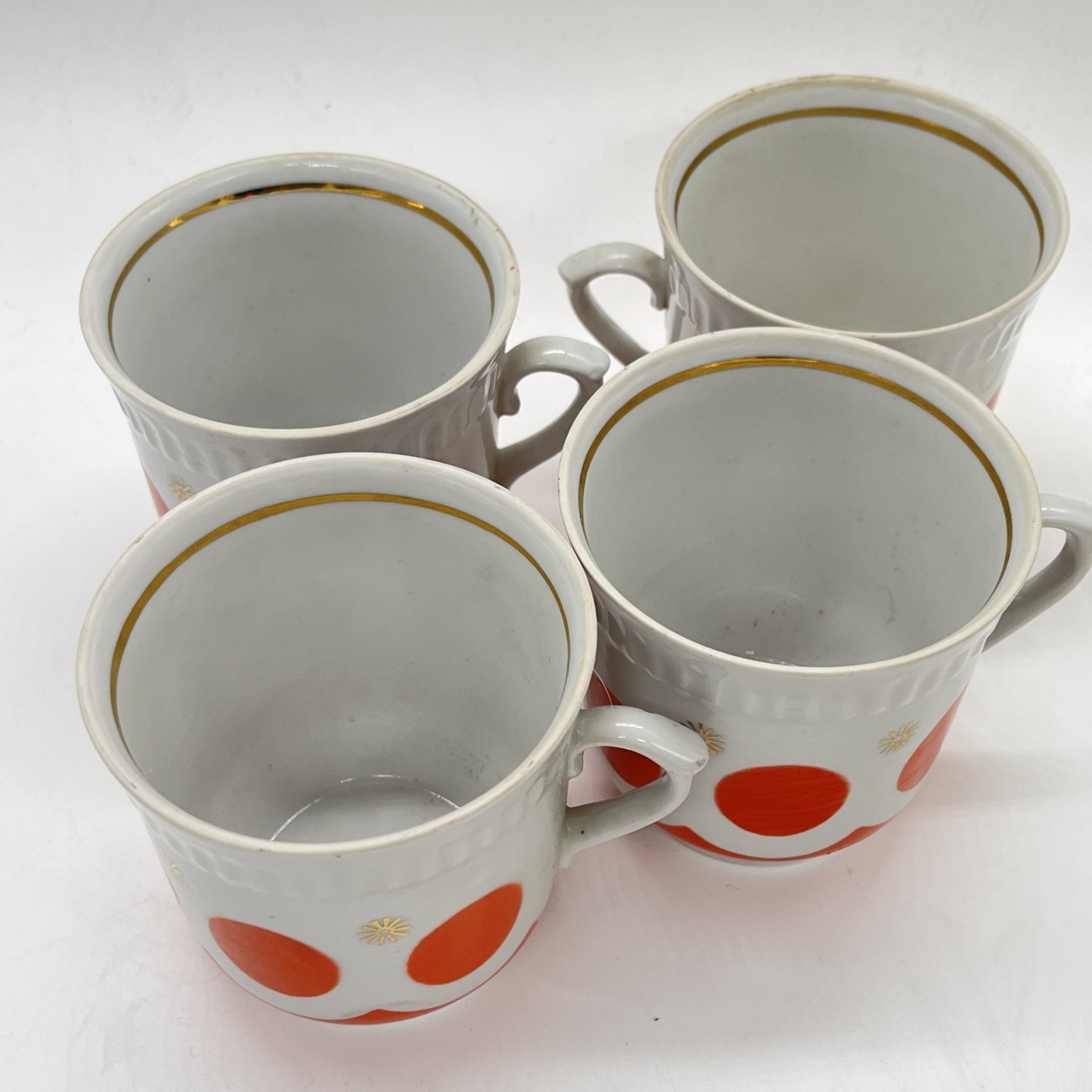 Набор из 4 чашек с декором в оранжевый горох, фарфор, деколь, золочение, Городницкий фарфоровый завод, СССР, 1970-1990 гг.