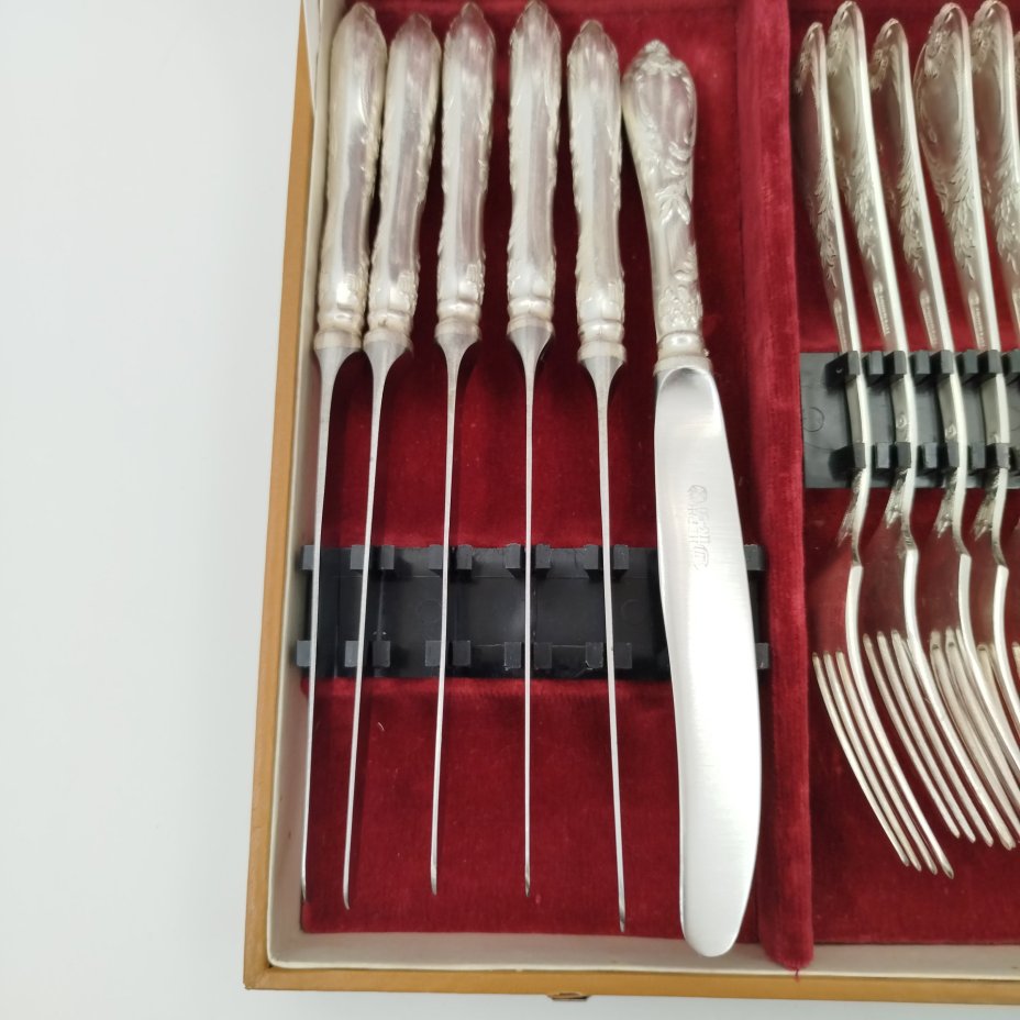 Набор столовых приборов с растительным декором на 6 персон в оригинальном кофре (ложки, вилки, ножи, чайные ложки), мНЦ (медь-никель-цинк), картон, Вольнянский завод столовых приборов им. Шевченко (ЗiШ, ЗиШ), СССР, 1980-1990 гг.