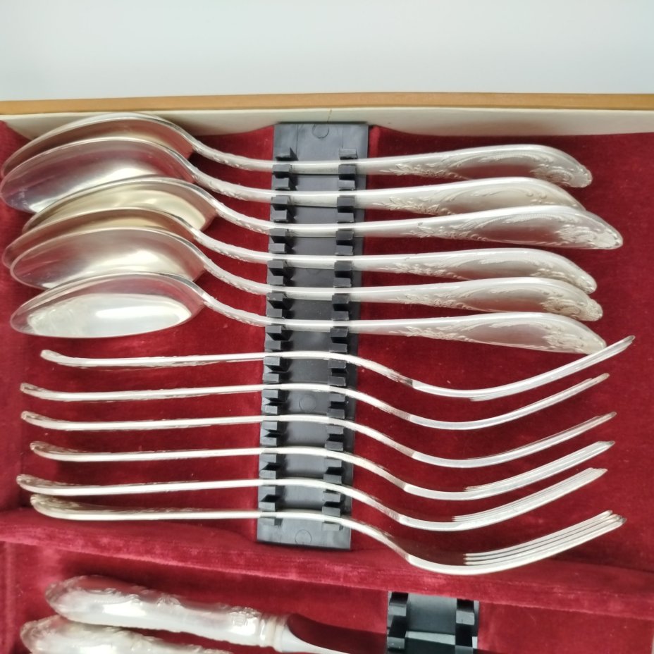 Набор столовых приборов с растительным декором на 6 персон в оригинальном кофре (ложки, вилки, ножи, чайные ложки), мНЦ (медь-никель-цинк), картон, Вольнянский завод столовых приборов им. Шевченко (ЗiШ, ЗиШ), СССР, 1980-1990 гг.