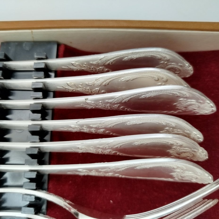 Набор столовых приборов с растительным декором на 6 персон в оригинальном кофре (ложки, вилки, ножи, чайные ложки), мНЦ (медь-никель-цинк), картон, Вольнянский завод столовых приборов им. Шевченко (ЗiШ, ЗиШ), СССР, 1980-1990 гг.