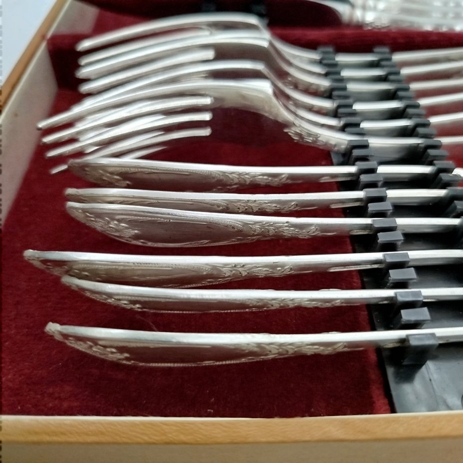 Набор столовых приборов с растительным декором на 6 персон в оригинальном кофре (ложки, вилки, ножи, чайные ложки), мНЦ (медь-никель-цинк), картон, Вольнянский завод столовых приборов им. Шевченко (ЗiШ, ЗиШ), СССР, 1980-1990 гг.