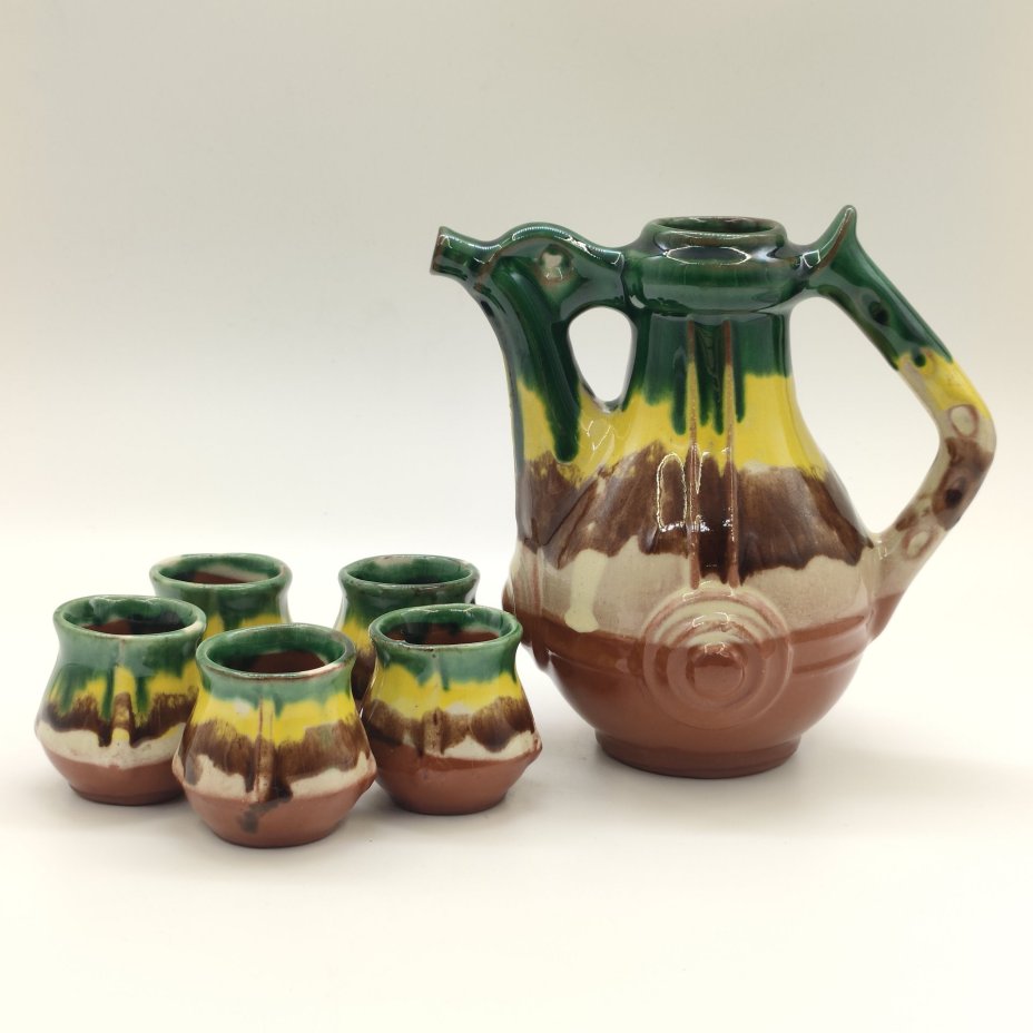 Набор для подачи крепких напитков (кувшин и 5 стопок), обливная керамика, глазурь