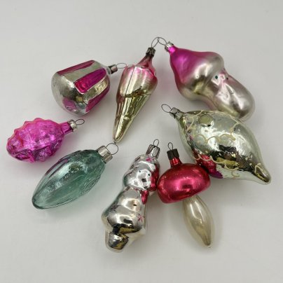 Набор из 8-ми ёлочных игрушек разной формы и размера, стекло, роспись, металл, СССР, 1950-1980 гг.