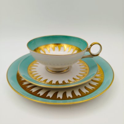 Трио чайное бирюзового цвета с золотистым декором, фарфор, крытье, золочение, Wallendorf, ГДР, 1963-1980 гг.
