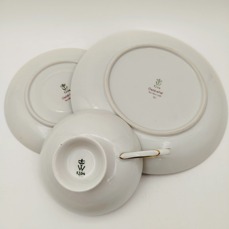 Трио чайное бирюзового цвета с золотистым декором, фарфор, крытье, золочение, Wallendorf, ГДР, 1963-1980 гг.