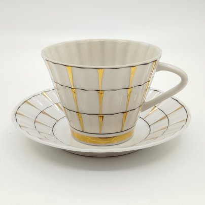Пара чайная "Золотая клетка", форма "Каннелюрный", автор формы Ольшевский В.Н., автор рисунка Правикова А.И.
