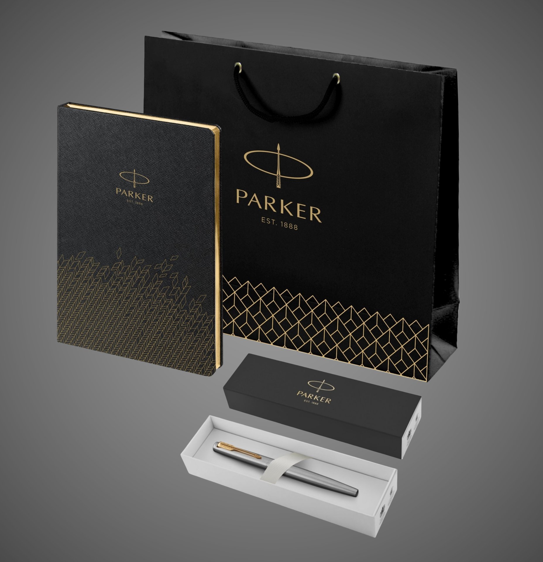 Подарочный набор: Ручка перьевая Parker Jotter Stainless Steel GT, Mblue и Ежедневник недатированный, чёрный, Металлы: нержавеющая сталь, позолота, позолота, хром