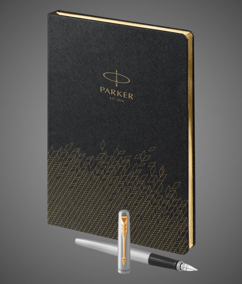 Подарочный набор: Ручка перьевая Parker Jotter Stainless Steel GT, Mblue и Ежедневник недатированный, чёрный, Металлы: нержавеющая сталь, позолота, позолота, хром