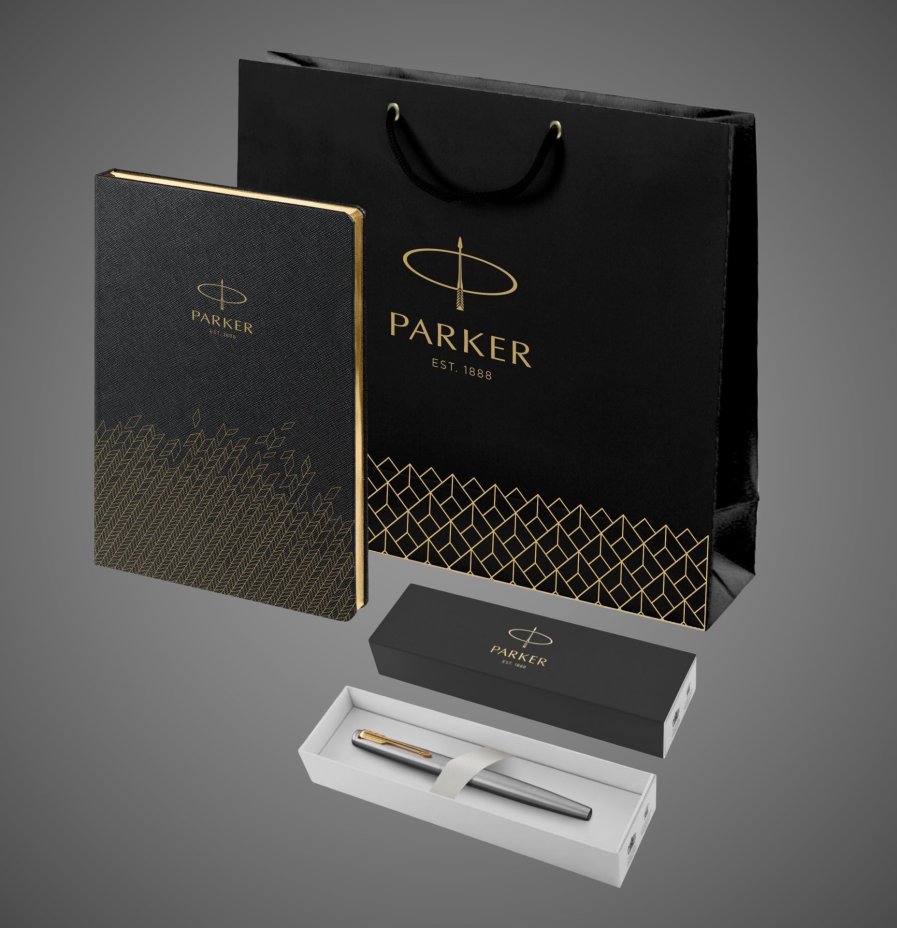 Подарочный набор: Ручка перьевая Parker Jotter Stainless Steel GT, Mblue и Ежедневник недатированный, чёрный, Металлы: нержавеющая сталь, позолота, позолота, хром