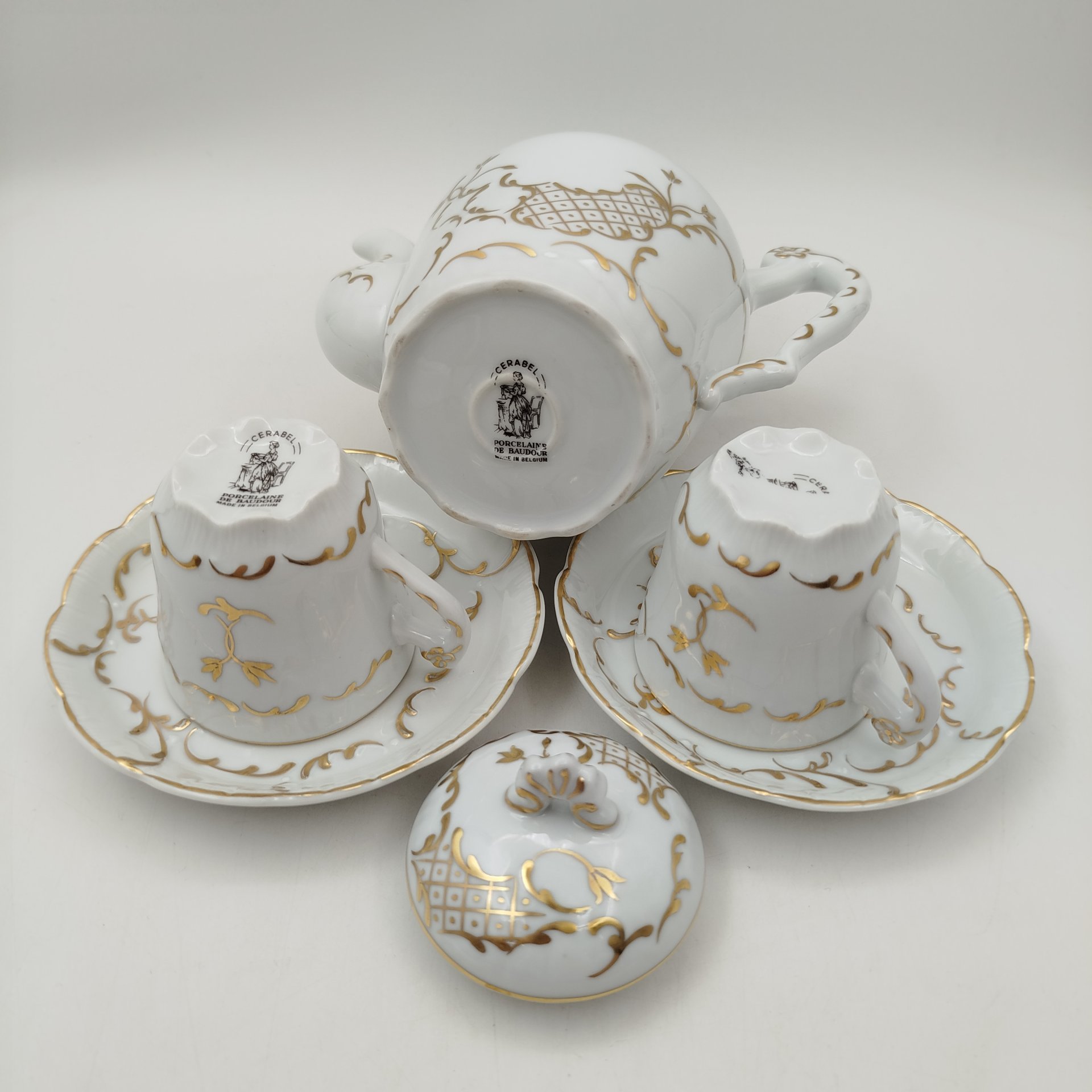 Сервиз кофейный с растительным декором тет-а-тет, Cerabel Porcelaine de Baldour, фарфор, золочения, Бельгия, 1934-1977 гг.