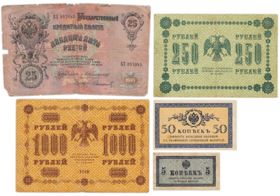 Набор банкнот 5 и 50 копеек, 25, 250 и 1000 рублей образца 1909-1918 гг. (5 бон)