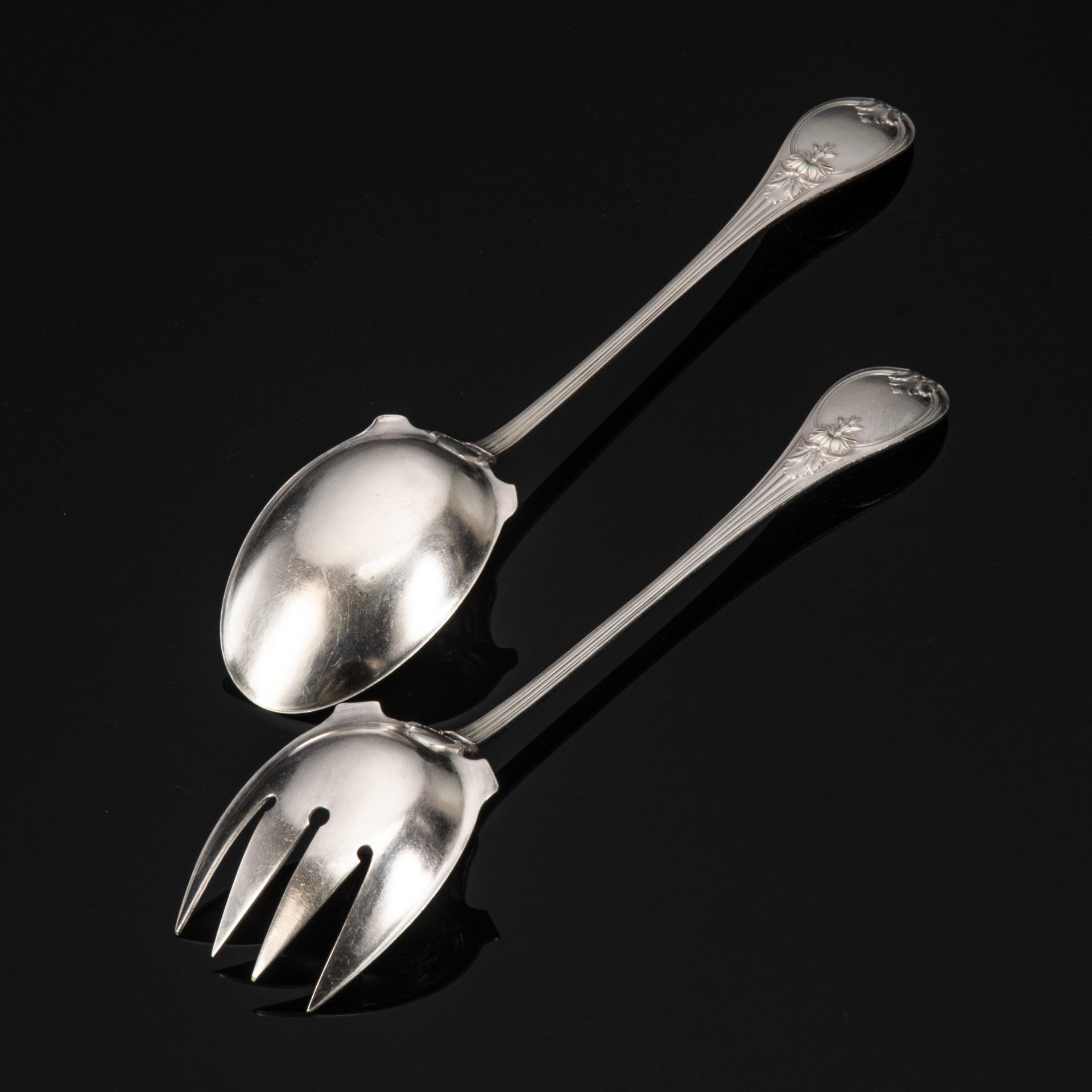 Сервировочный набор для салата (ложка и вилка) с монограммами, в оригинальной коробке, Orfèvrerie Christofle, Christofle