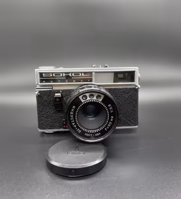 Фотоаппарат "Сокол-Автомат" с объективом "Индустар-70" в оригинальном кофре, в комплекте с инструкцией, ЛОМО (Ленинградское оптико-механическое объединение)