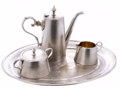 Сервиз кофейный из 4 предметов (кофейник, сахарница, молочник, поднос), металл, серебрение, фирма "Plewkiewicz", Польша,  1900-1914 гг.