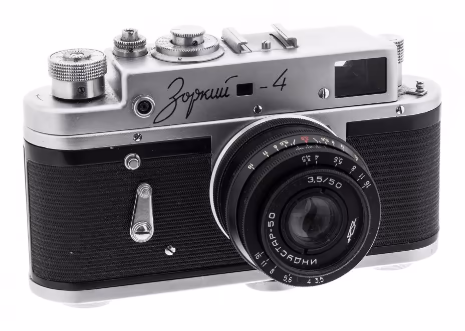 Фотоаппарат "Зоркий 4" с объективом "Индустар-50" в родном футляре, алюминиевый сплав, Красногорский механический завод, СССР, 1972-1978 гг., Красногорский механический завод (КМЗ)