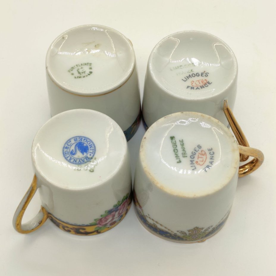 Набор из 4-х кофейных чашек, украшенных растительным декором (в подборе), форма "Литрон", фарфор, деколь, золочение, Limoges, Франция, 1920-1960 гг.