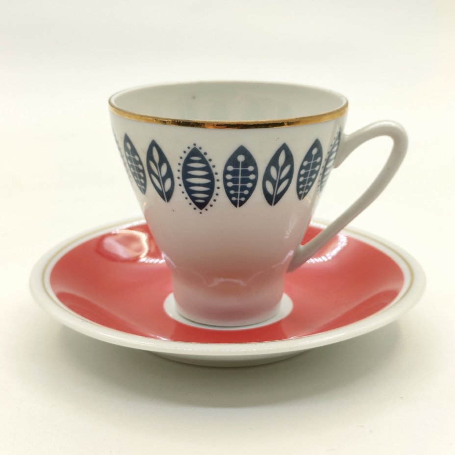 Кофейная пара с растительным декором, фарфор, крытье, деколь, золочение, Freiberger Porzellan, ГДР, 1970-1980 гг.