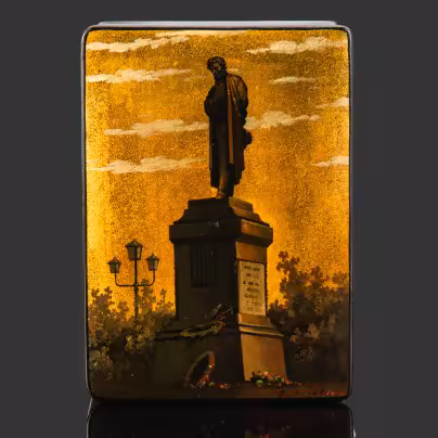 Шкатулка "Памятник А.С. Пушкину в Москве", художник В. Белов, Федоскинская фабрика миниатюрной живописи (Федоскино)